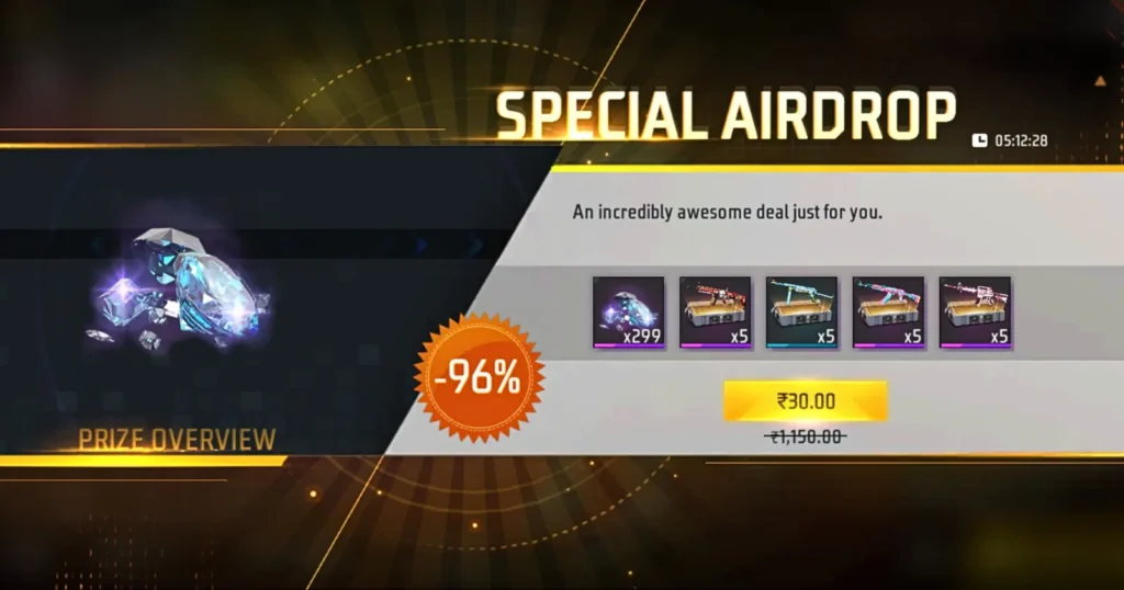 Free fire in-game "Special Airdrop" screen offering a 96% discount on virtual items.