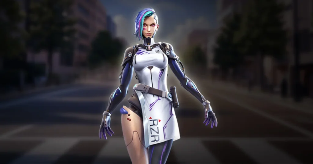 A robot-like female character named A124 from the Free Fire game, on a street in a blure dark city background