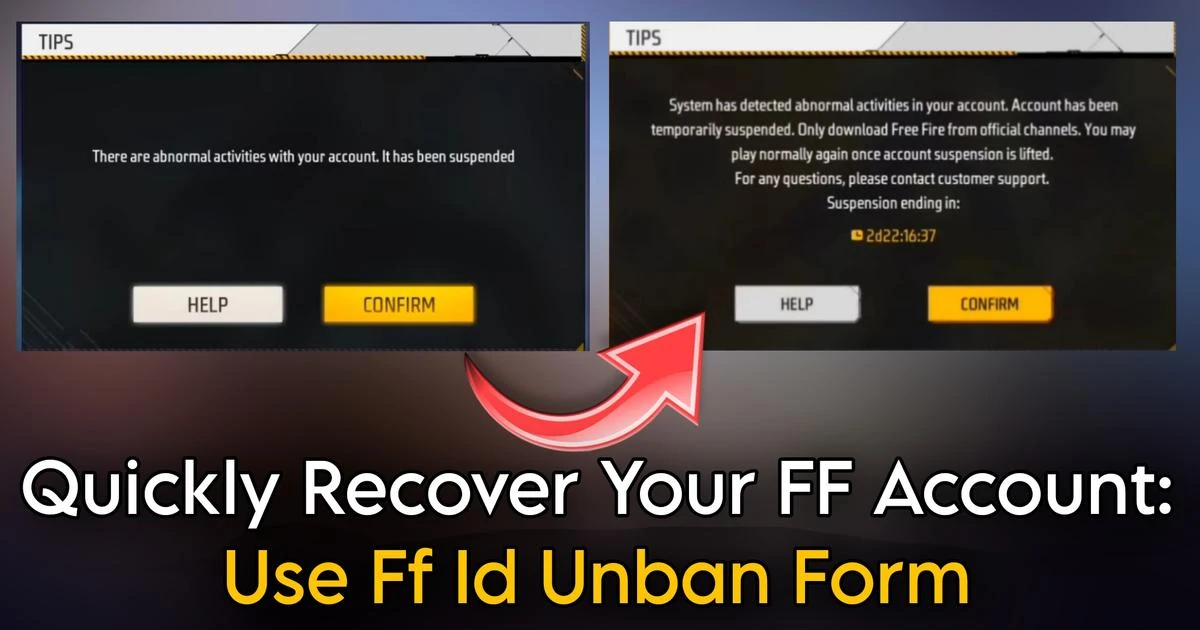 In-game suspension messages for a FF account with a call to action for unban using a form.