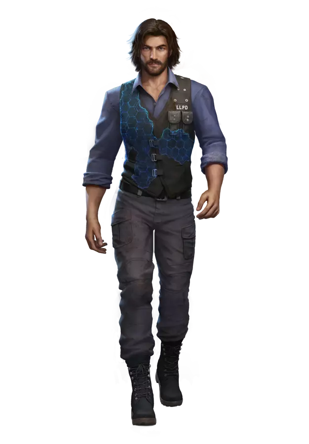 A free fire anderw character in a blue vest with "LLPD" badge standing against a transparent background.