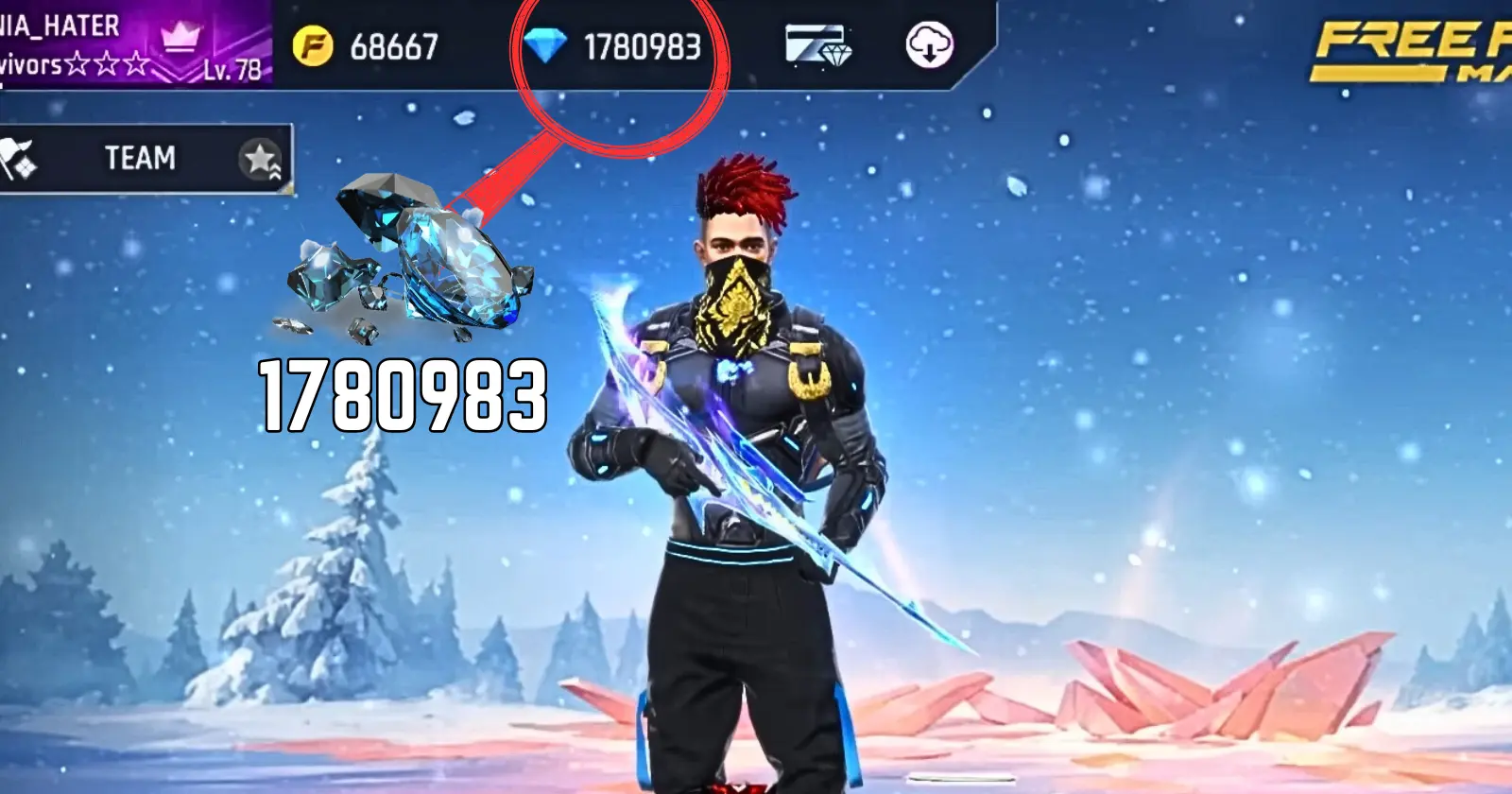 Home lobby of the Free Fire game with a character holding a gun, with the red circle centered on the diamonds.