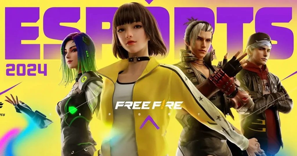 free fire eSports banner displaying futuristic character designs with "Free Fire" logo for 2024.