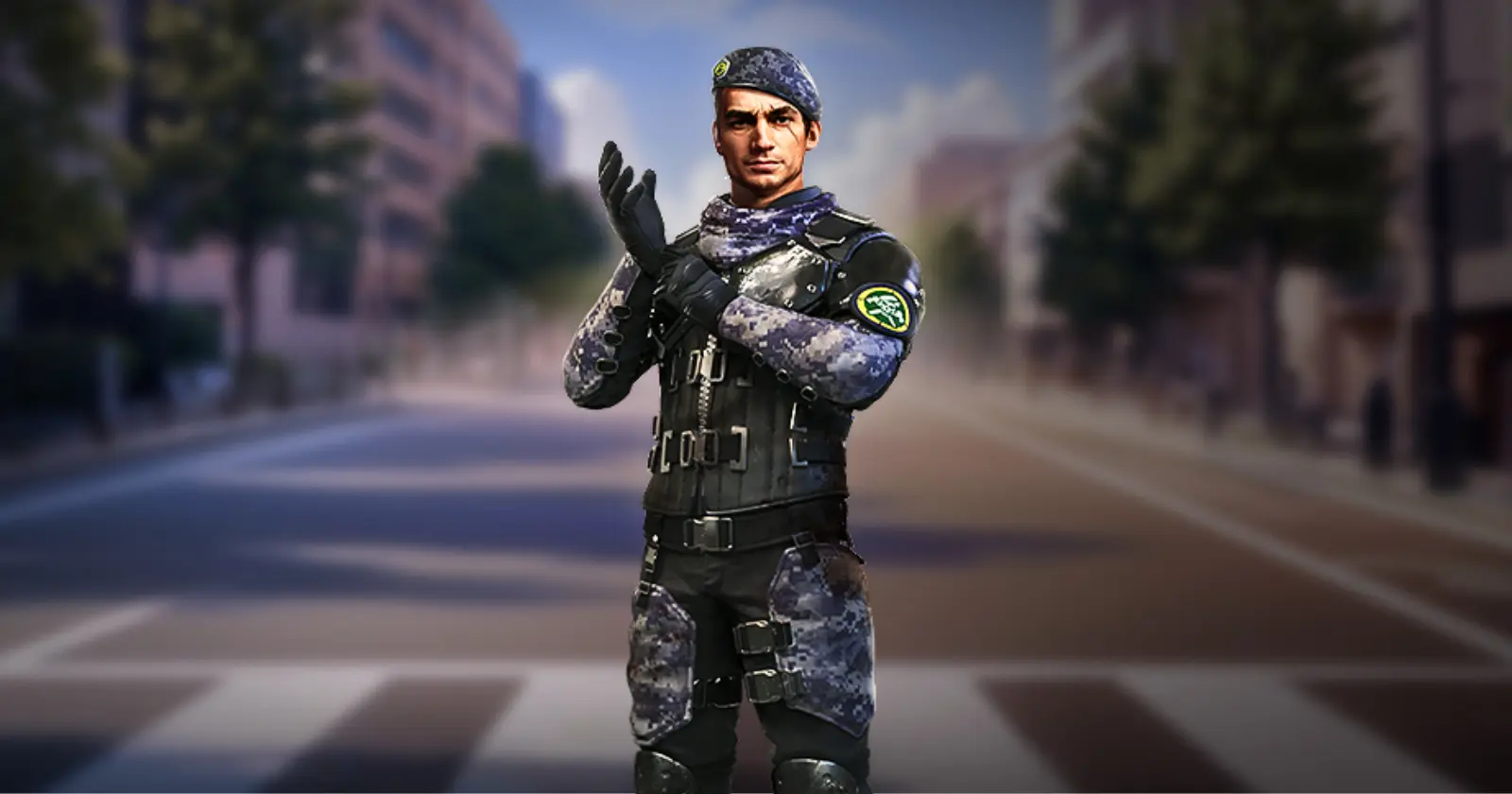 Free Fire Miguel character in camouflage uniform gesturing stop on a city street.