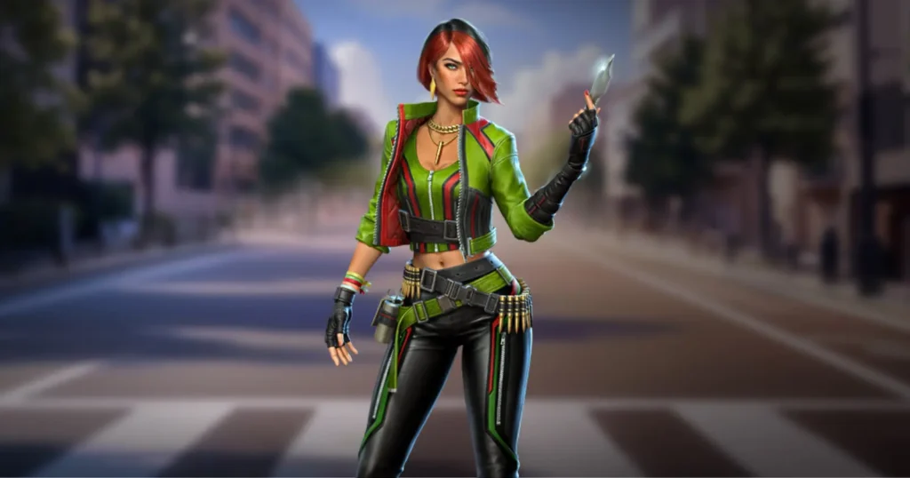 A free fire paloma character in a green jacket and black pants holding a glowing object on an urban street.