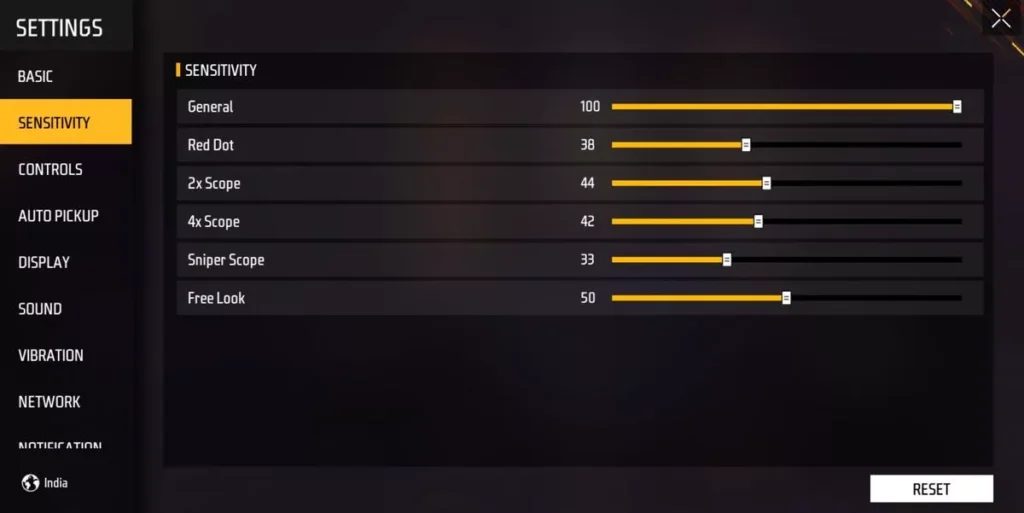 Video game sensitivity settings screen with sliders for general, red dot, scopes, and free look.