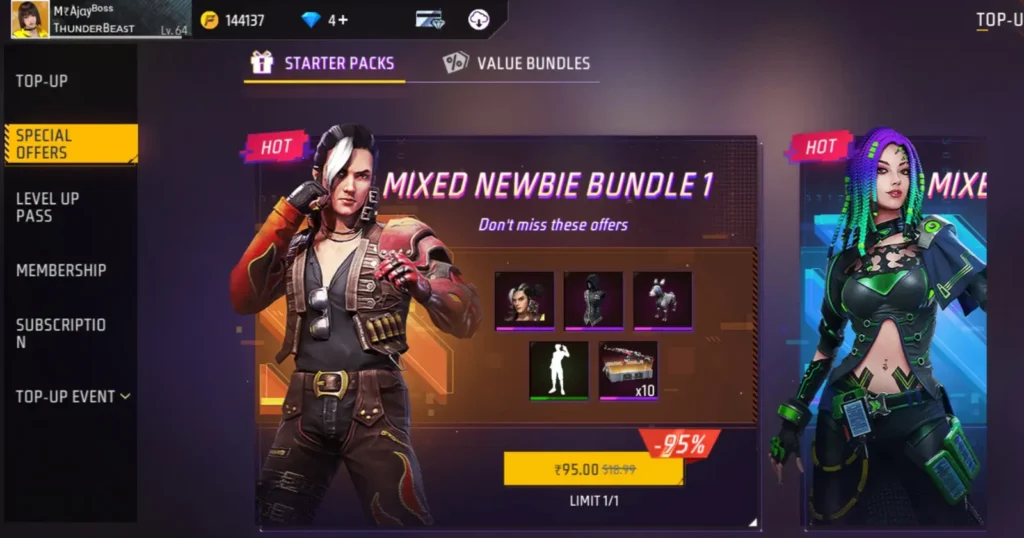 In-game screenshot showing "MIXED NEWBIE BUNDLE" ad with two game characters and a special offer.