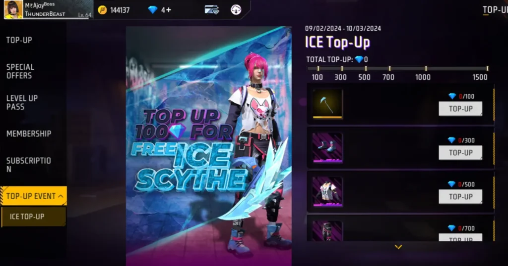 In-game screenshot showcasing a character with rewards and a "Top Up for Free Ice Scythe" event banner.