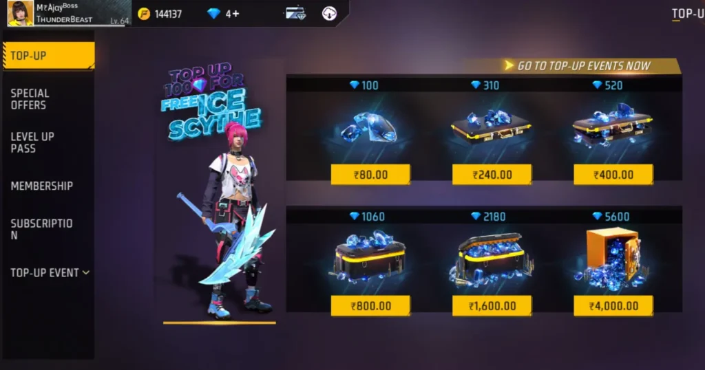 free fire In-game currency diamond purchase top up options with prices displayed on a character customization screen.