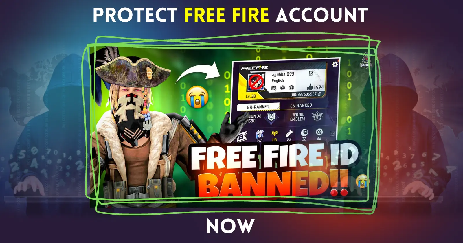 Graphic with text "Protect Free Fire Account" and "Free Fire Banned!!" showing a game character and a banned account screen.