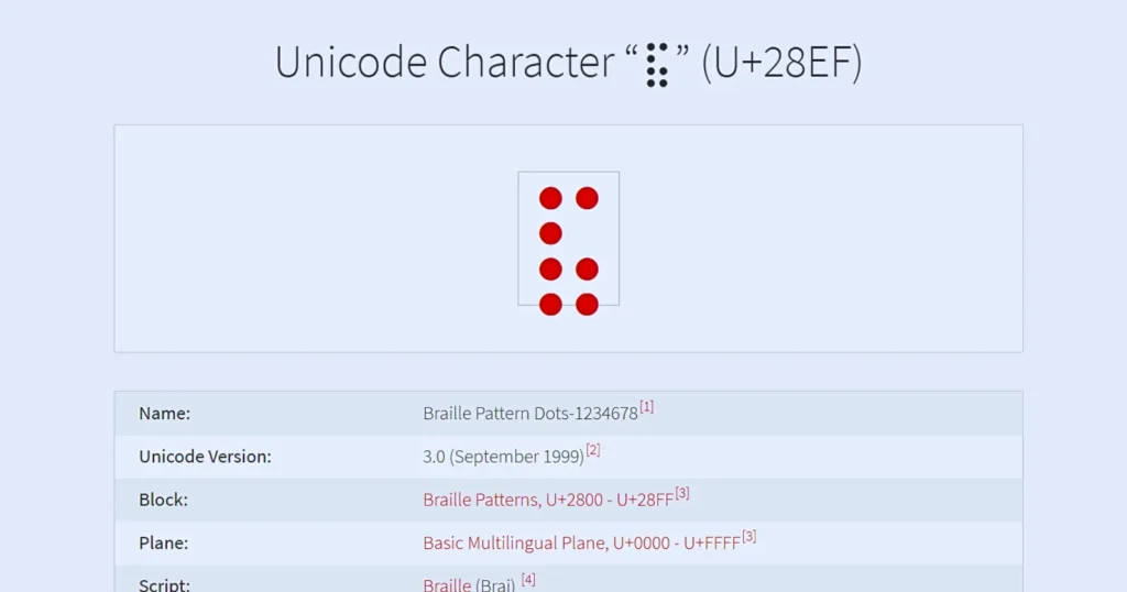 Webpage displaying the Unicode Braille character for dots