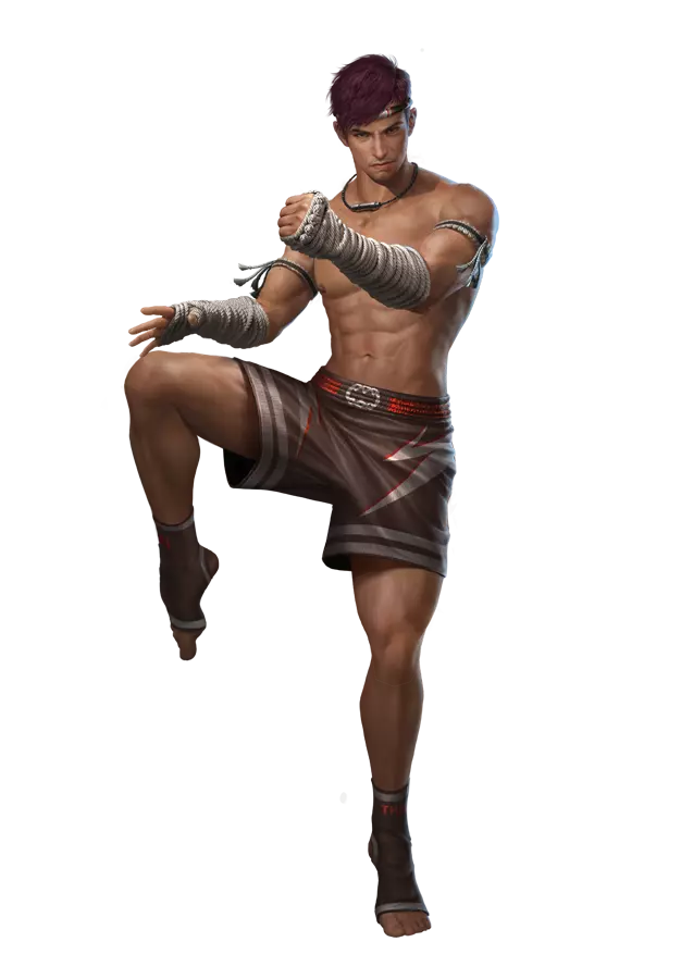 A free fire kla character in a muay thai stance with wrapped hands and a fight skirt.