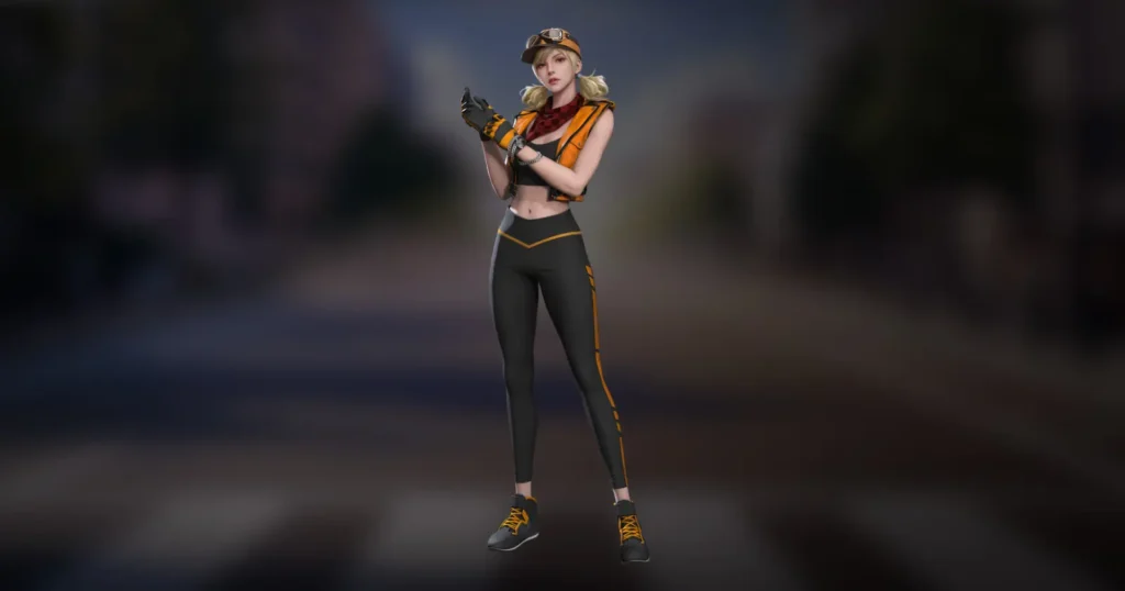 free fire female misha character standing on a street, dressed in a black and orange outfit.