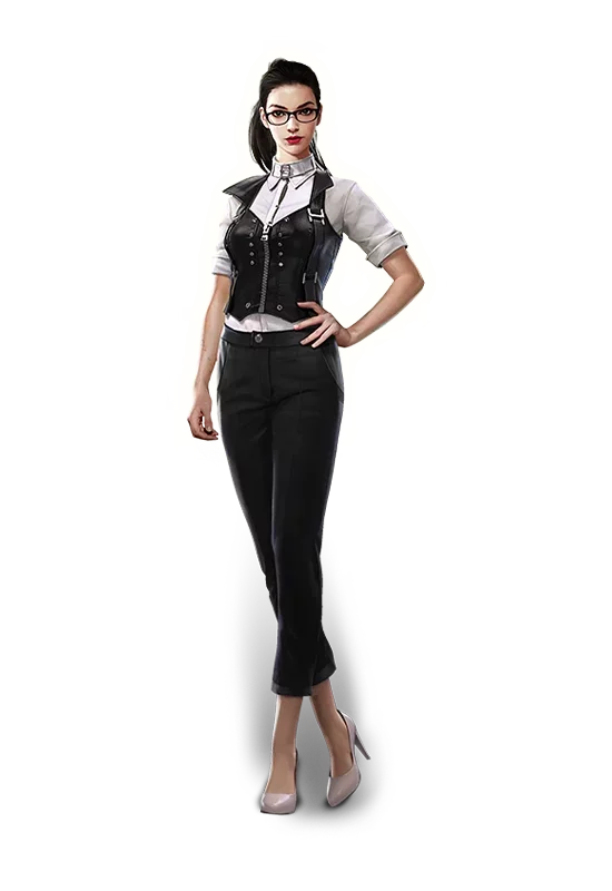 free fire nikita character in a stylish black vest, white blouse, capri pants, and high heels.