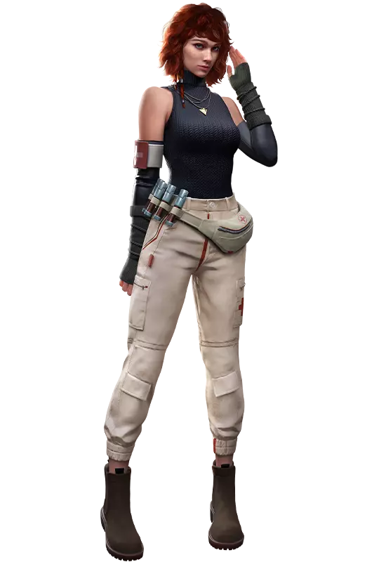 free fire olivia character in tactical gear with a sleeveless top, utility belt, and boots.