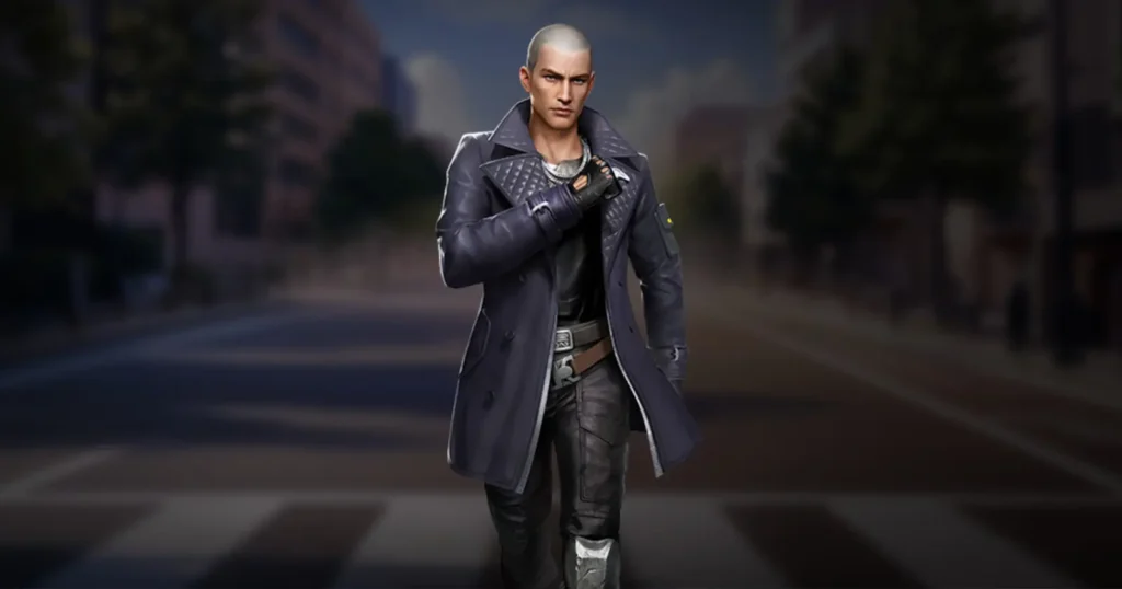 Free Fire Rafael character, a bald man wearing a stylish dark leather long jacket, background blurred and dark city street