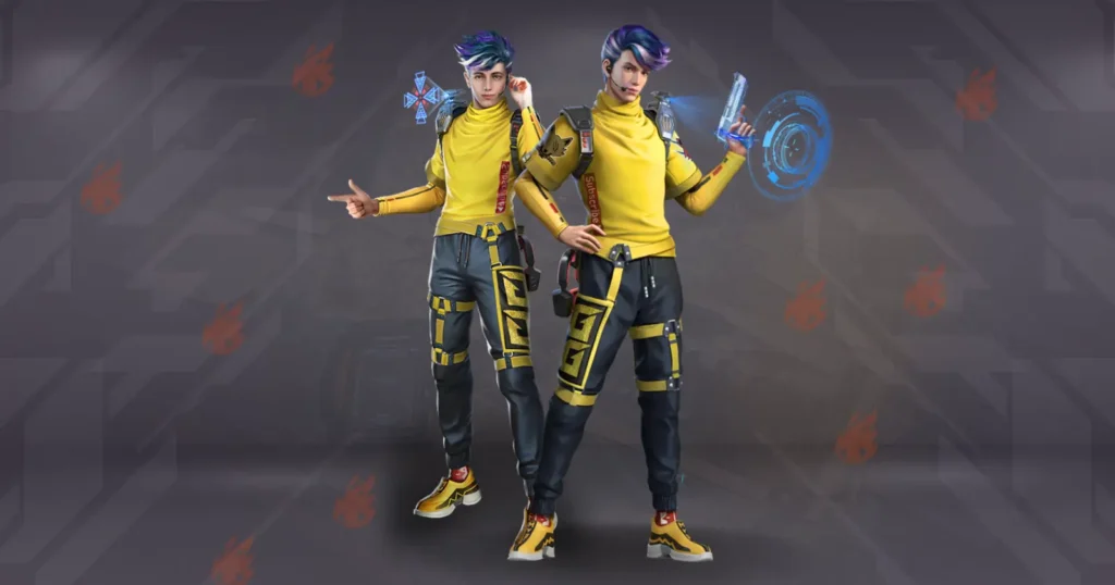 Wolfrahh characters two model in yellow tops and blue pants with futuristic accessories and hairstyles.