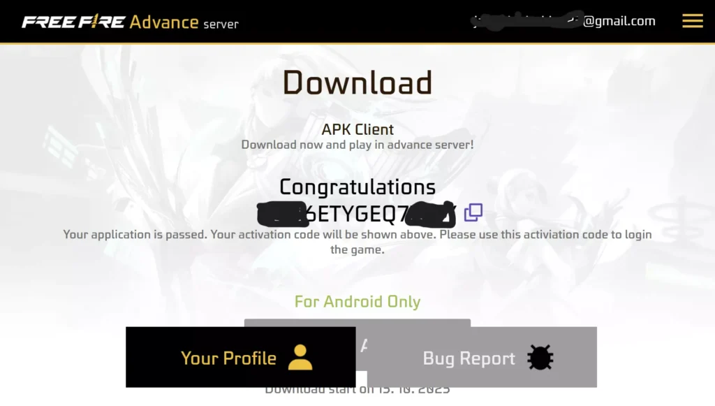 Screenshot of a Free Fire Advance server website with an activation code and download option.