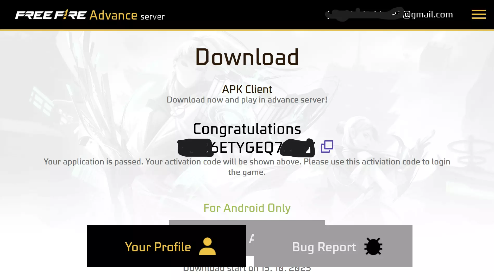 Screenshot of a FF Beta Testing apk (Free Fire Advance server) website with an activation code and download option.