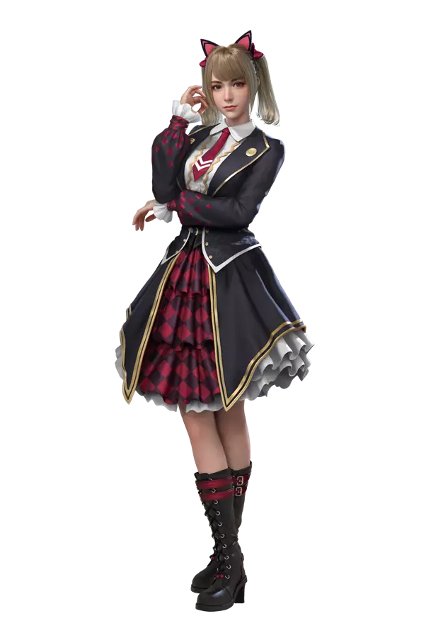 free fire caroline character in a school uniform with a plaid skirt and combat boots, talking on a phone.