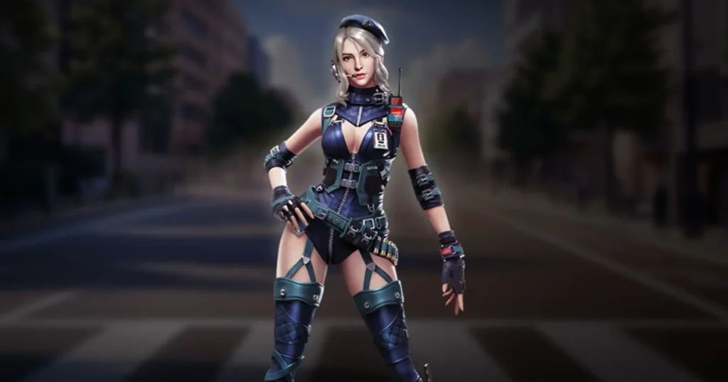 Laura, a character from the Free Fire game, stands wearing stylish clothes against a dark, blurred street background.