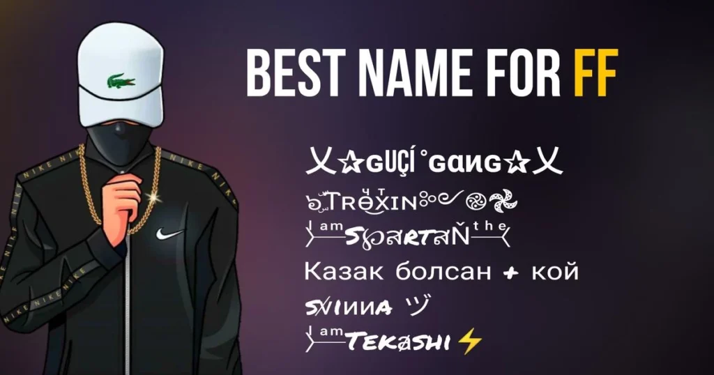 Character in white cap and black jacket, surrounded by free fire stylish name suggestions