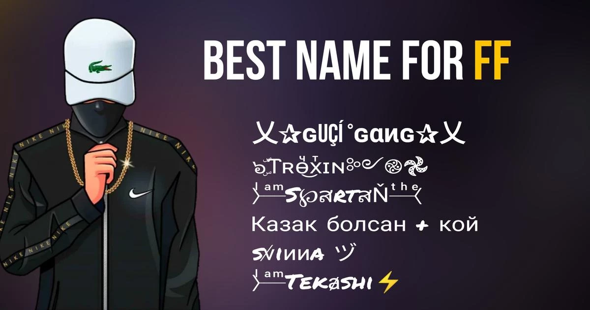 Character in white cap and black jacket, surrounded by free fire stylish name suggestions