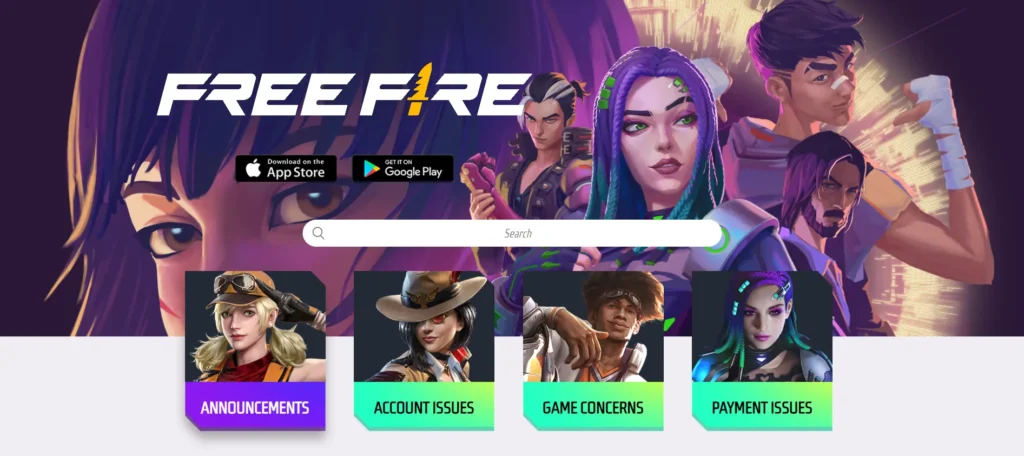 Free Fire game with animated characters and support category tabs.