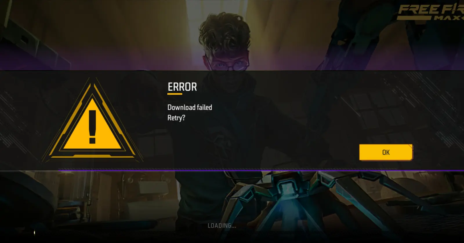 Error message "Download failed" with retry option in a free fire game interface.