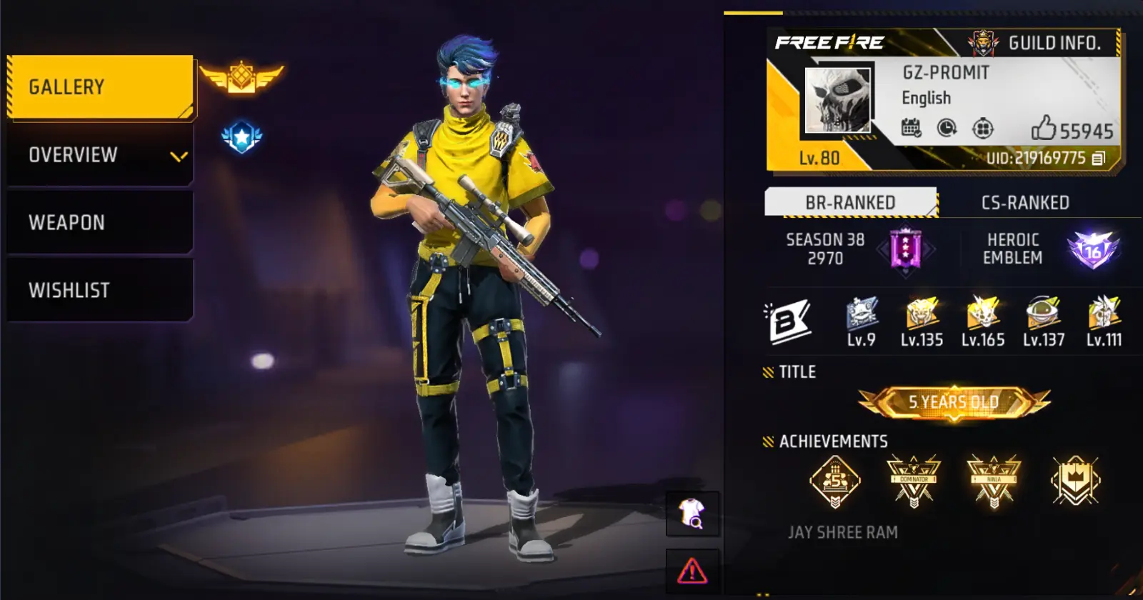 Free Fire player Gamers Zone (Promit) game UID profile with character in yellow outfit and holding a gun