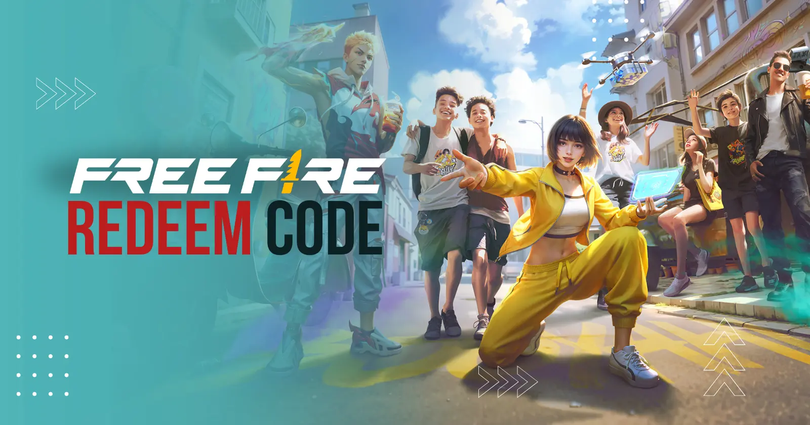 Free Fire game characters in an urban setting, promoting Redeem Codes with the Free Fire logo and 'Redeem Code' text.