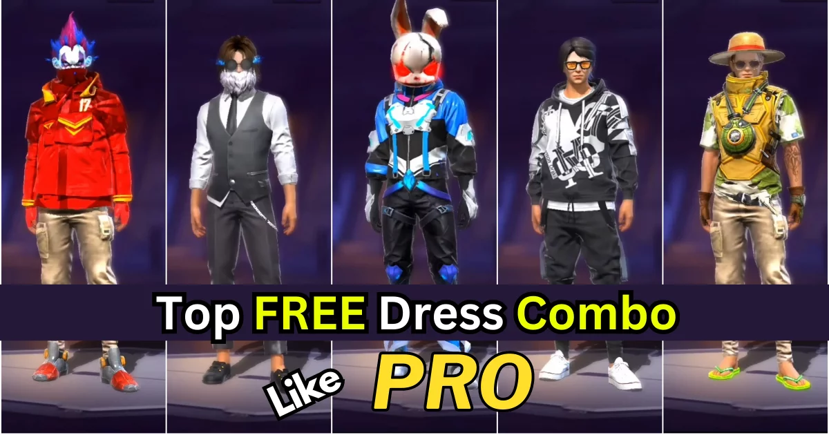 Variety of colorful gaming character outfits displayed with text 'Top FREE Dress Combo Like PRO'.