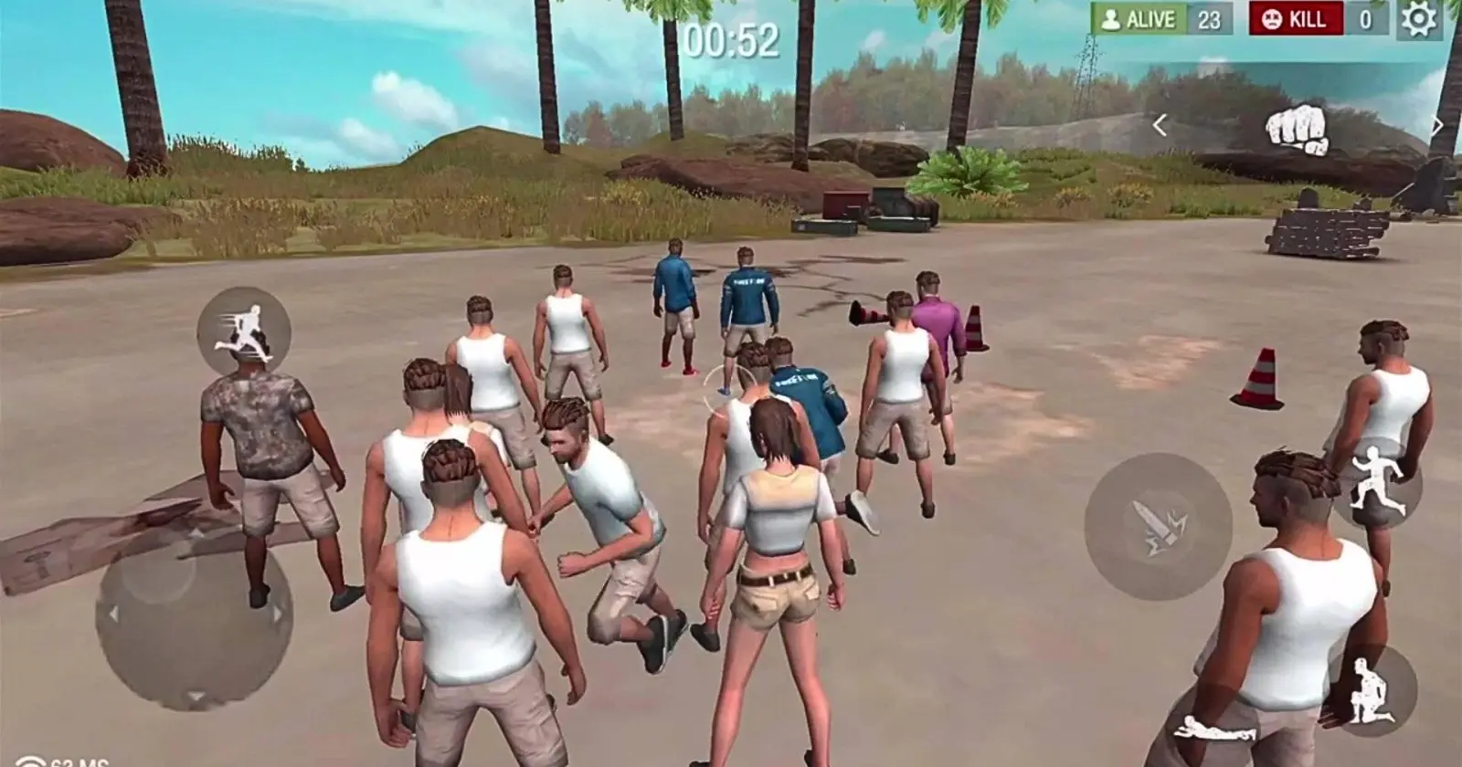 free fire old gameplay screenshot showing characters running on a tropical island setting with a timer indicating 00:52.