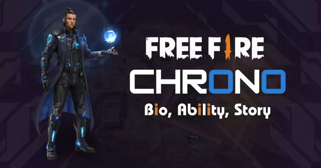 Graphic for "Free Fire CHRONO" featuring a character in futuristic armor with text "Bio, Ability, Story".