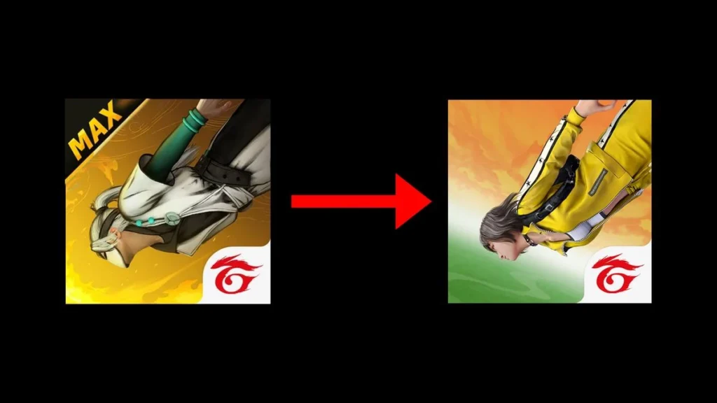 Two different character poses separated by an arrow indicating transformation free fire max to free fire india