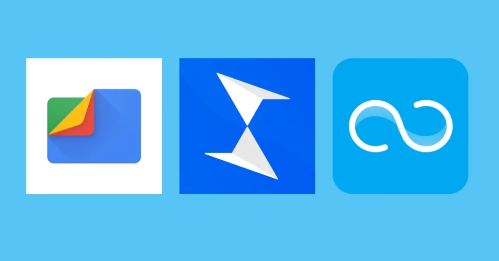 File transfer apps for Free Fire Max offline download: Files by Google, ShareMe, and Xender logos