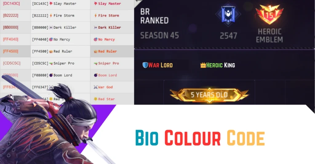 free fire bio colour code layout with various titles listed.