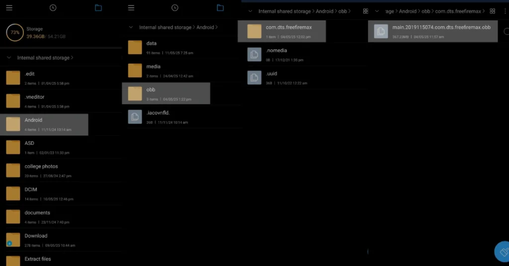 Screenshot of internal storage on an Android device, showing folders including 'Android', 'obb', and file details.