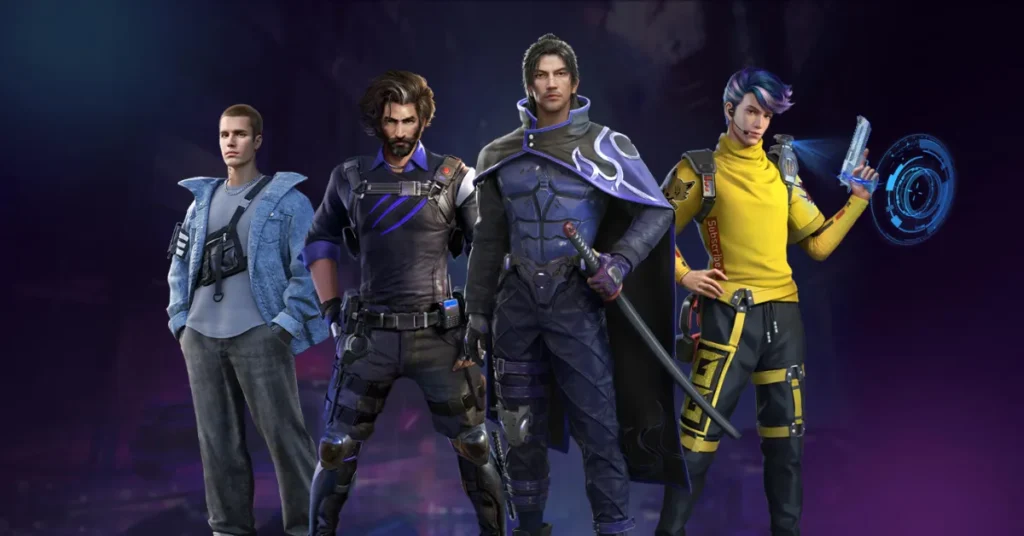 Kenta, Andrew, J. Biebs, and Wolfrahh stand together, showcasing their skills as top defensive characters in Free Fire.