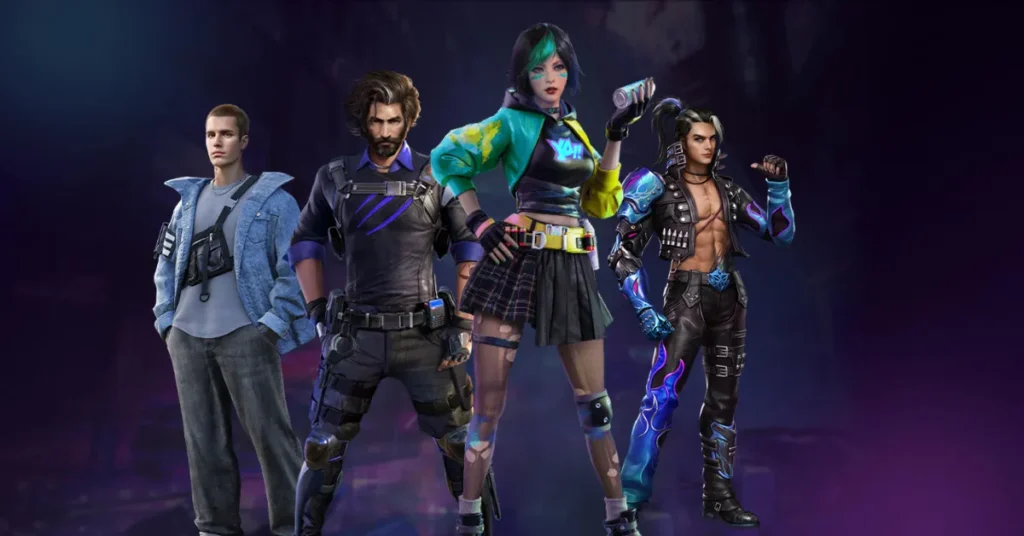 Characters Steffi, Andrew, J. Biebs, and Hayato unite, highlighting their top defensive skills in Free Fire.