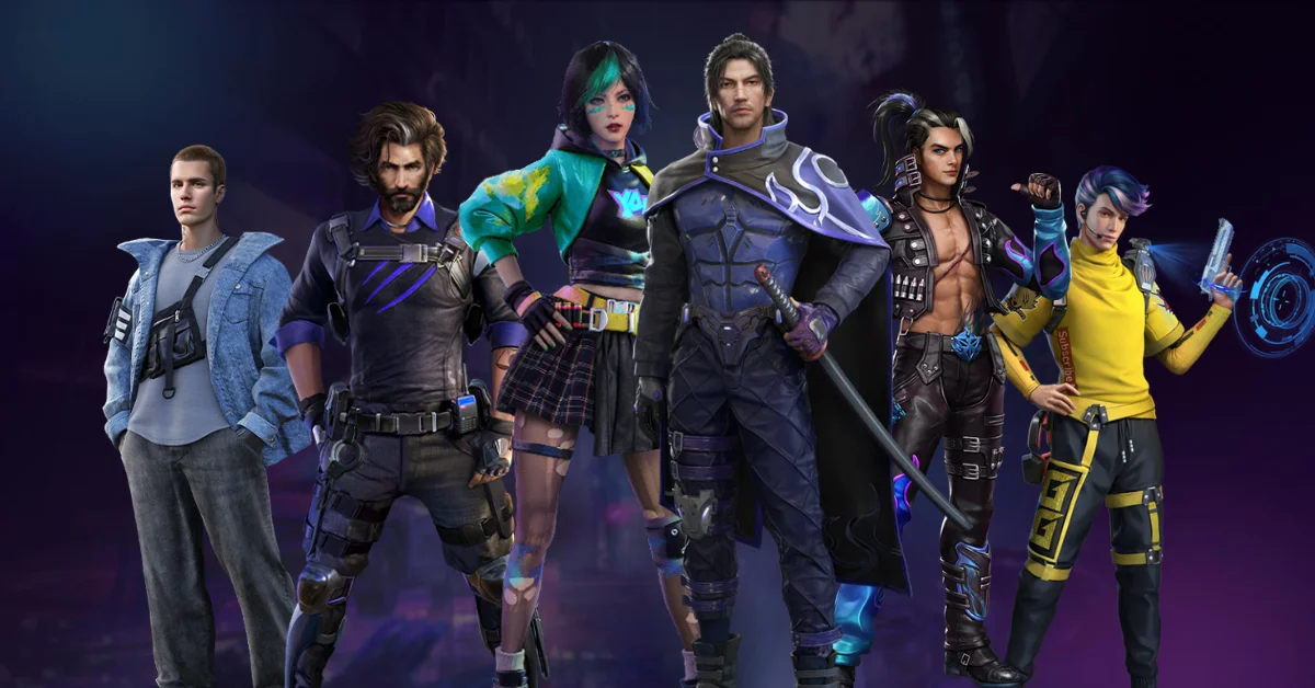 Six free fire game characters stand side by side in distinct futuristic outfits, ready to showcase the Best Defensive Character Skill Combinations in Free Fire, set against a striking dark, neon-lit background.