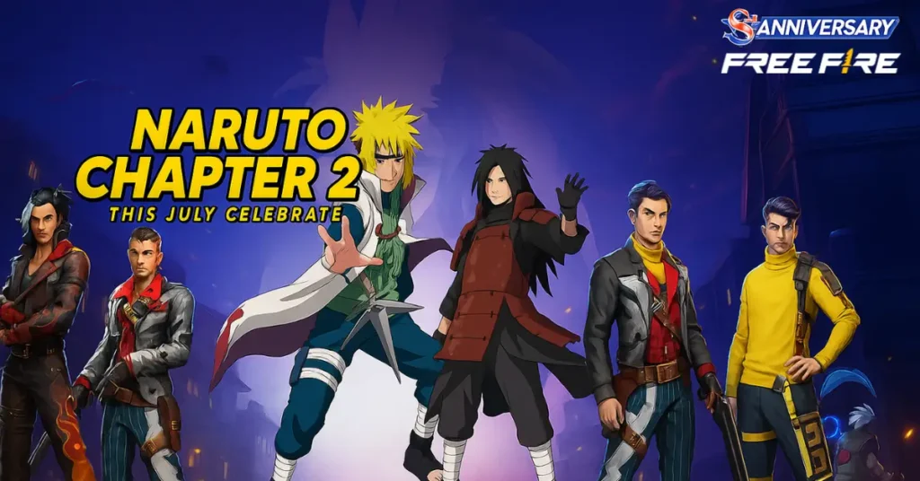 A lineup of stylized characters from Naruto Chapter 2, celebrating Free Fire's anniversary, set against a vibrant background.
