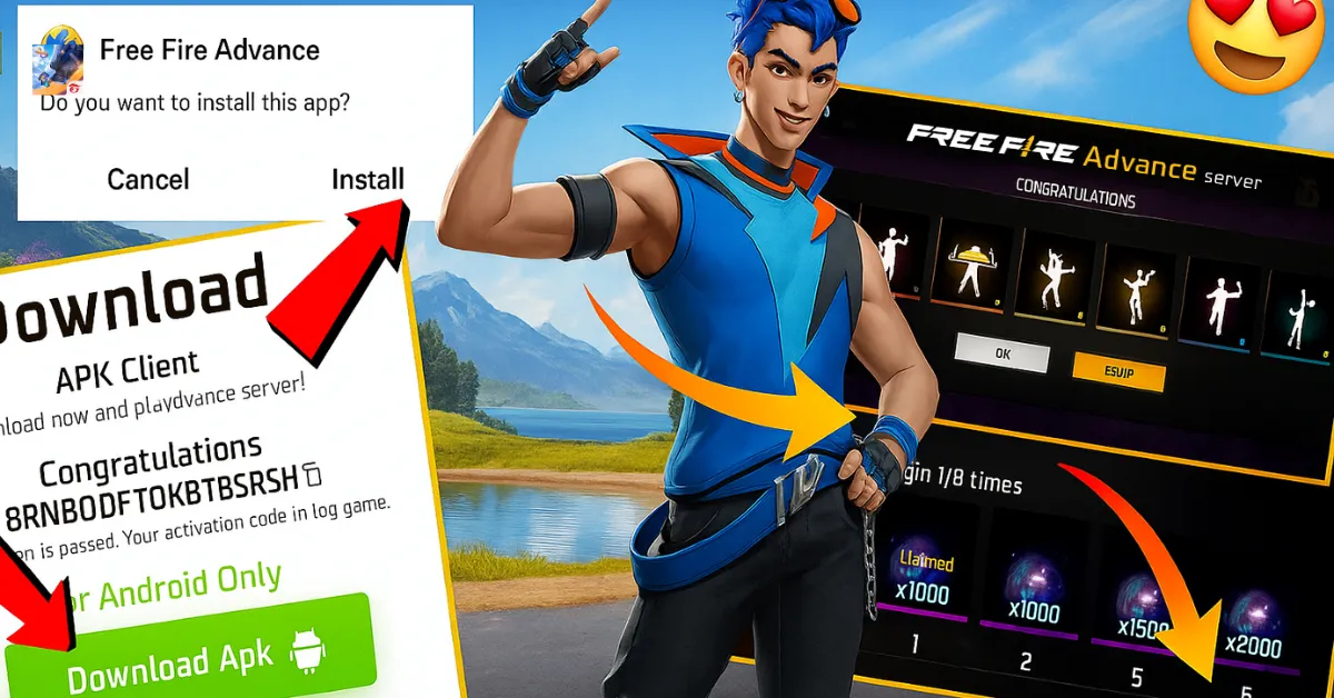 The game Free Fire Advanced Server, highlighting app installation and an encouraging congratulatory message with activation code.
