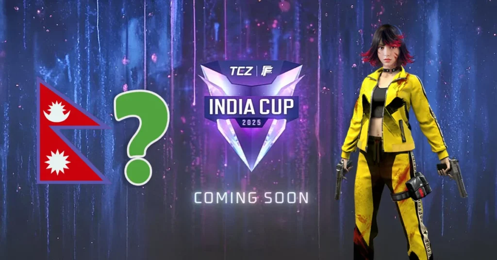 Free Fire Max India Championship 2025 logo and kelly character and nepal flag with question mark