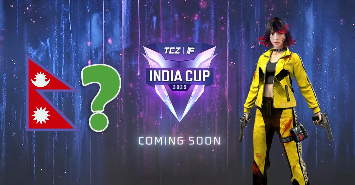 Free Fire Max India Championship 2025 logo and kelly character and nepal flag with question mark
