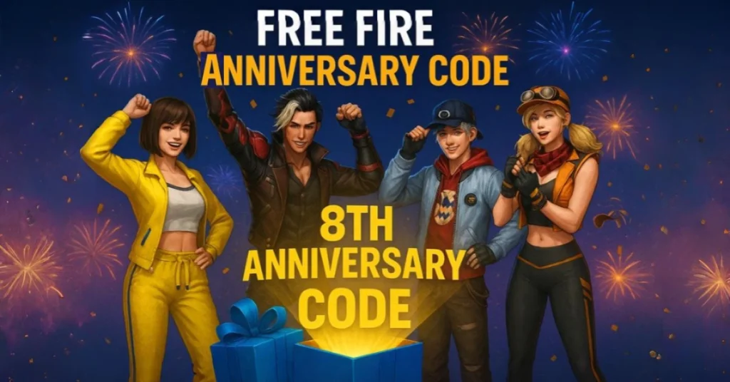 Four animated characters celebrate the Free Fire 8th anniversary, surrounded by fireworks and a gift box displaying an free fire anniversary code.