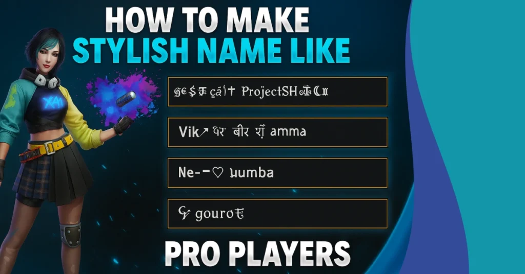 A digital graphic showcasing stylish Free Fire ID Names designs, featuring colorful text