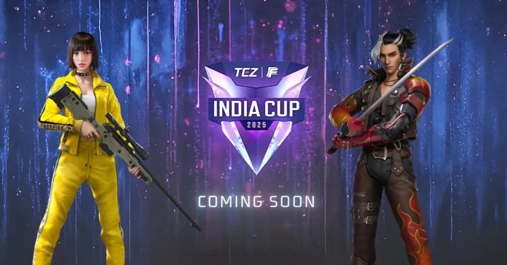 Two stylized characters in gaming attire stand on either side of a vibrant logo for the "India Cup 2025," promoting an upcoming event.