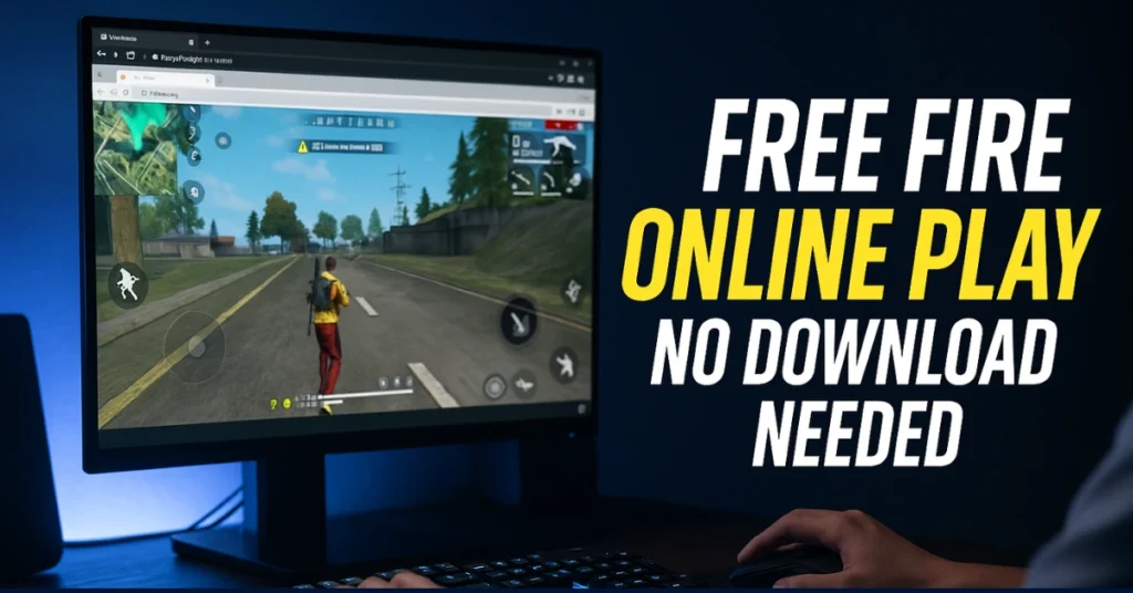 A gamer plays Free Fire on a computer monitor online, showcasing online gameplay without the need for downloads, highlighted by bold text.