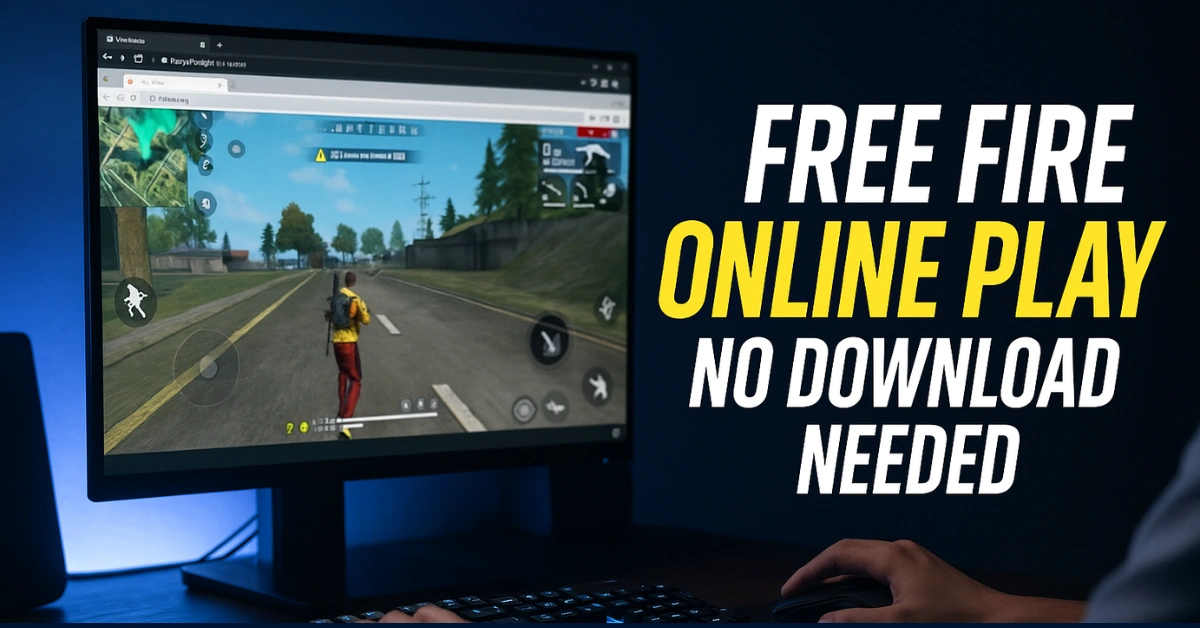 A gamer plays Free Fire on a computer monitor online, showcasing online gameplay without the need for downloads, highlighted by bold text.