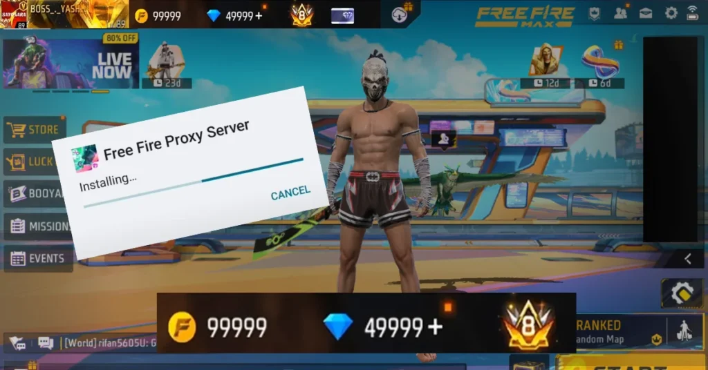 A muscular character stands in a colorful gaming interface with a loading screen for "Free Fire Proxy Server" installation and various stats displayed.